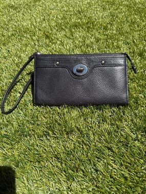 Coach black leather wristlet clutch with silver turn lock